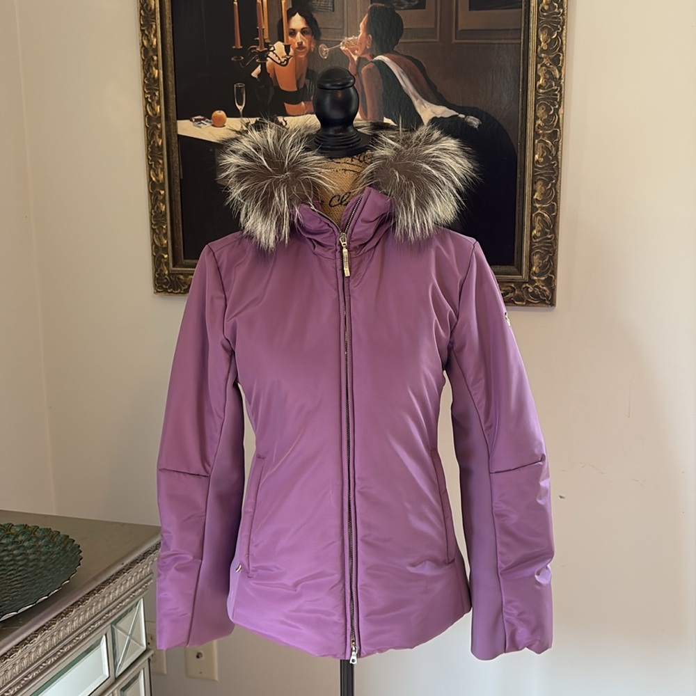 POSTCARD ITALY Silver FOX FUR Purple Designer Apres Ski Jacket XS 2 4 Rare